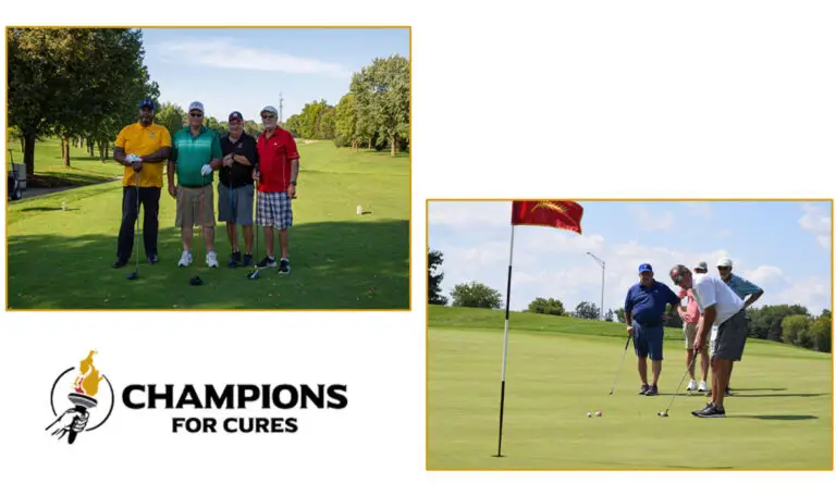 A group of men playing golf to support cancer research and fundraising.
