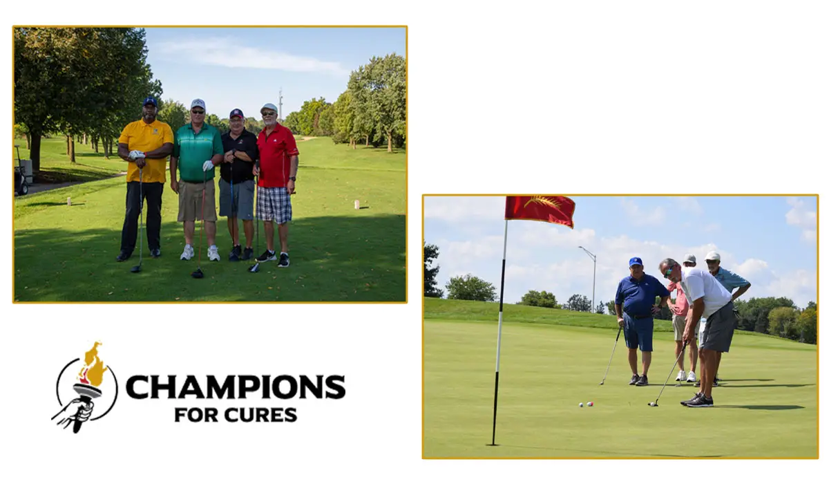 A group of men playing golf to support cancer research and fundraising.